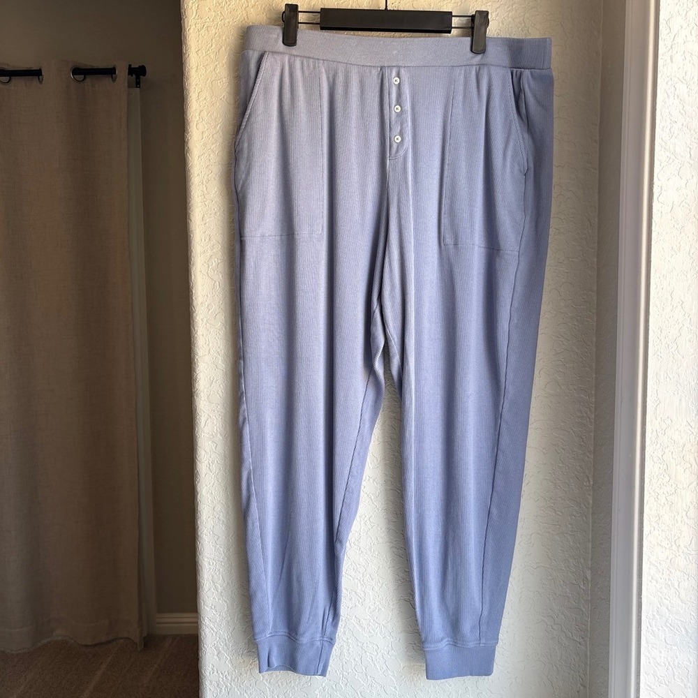 Pact Women L Ribbed Henley Joggers Pajama Pants Blue Organic Cotton Pocket